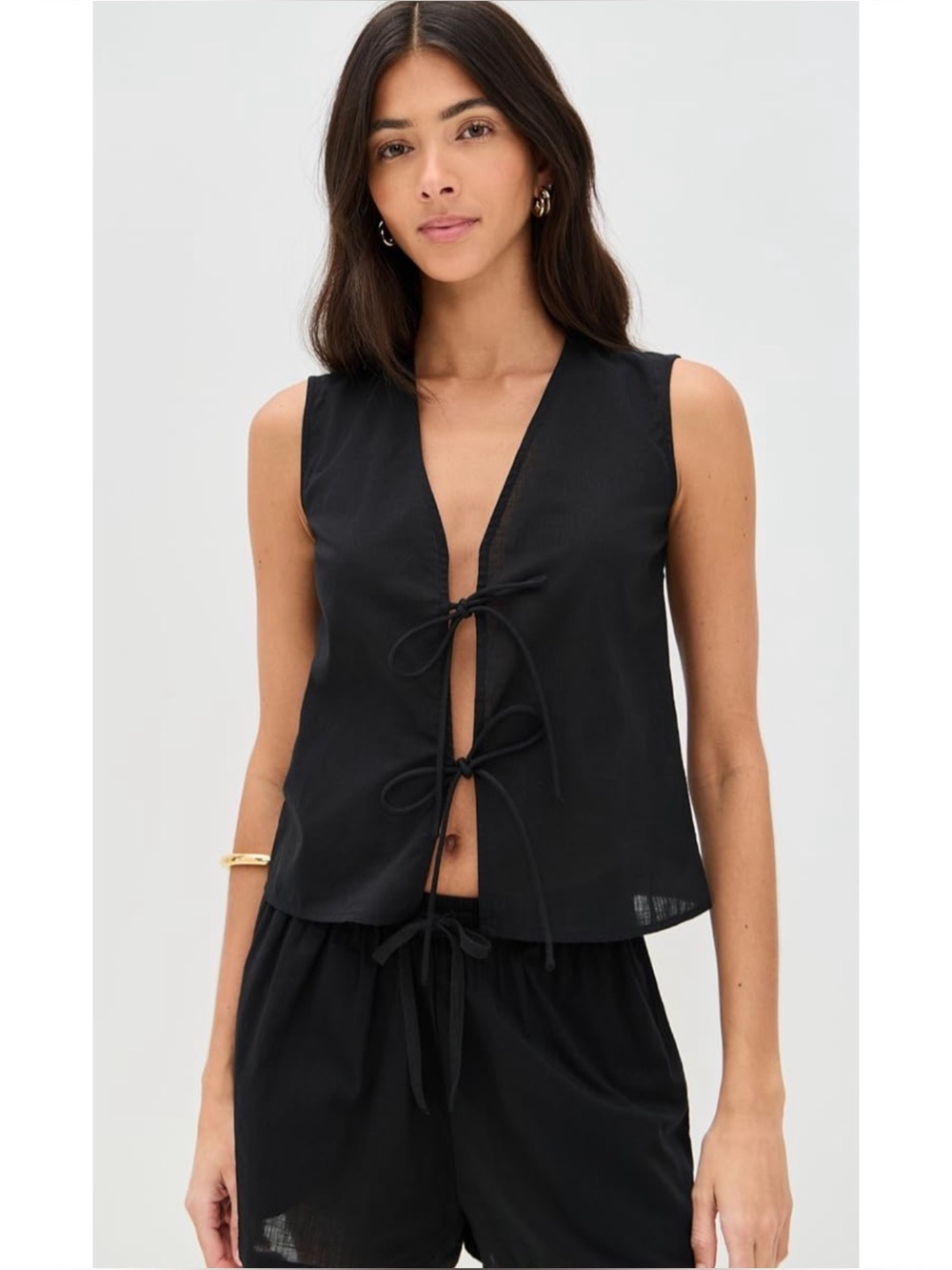 PLAYA LUCILA | V-Neck Tie-Front Sleeveless Top in Black, Size Small